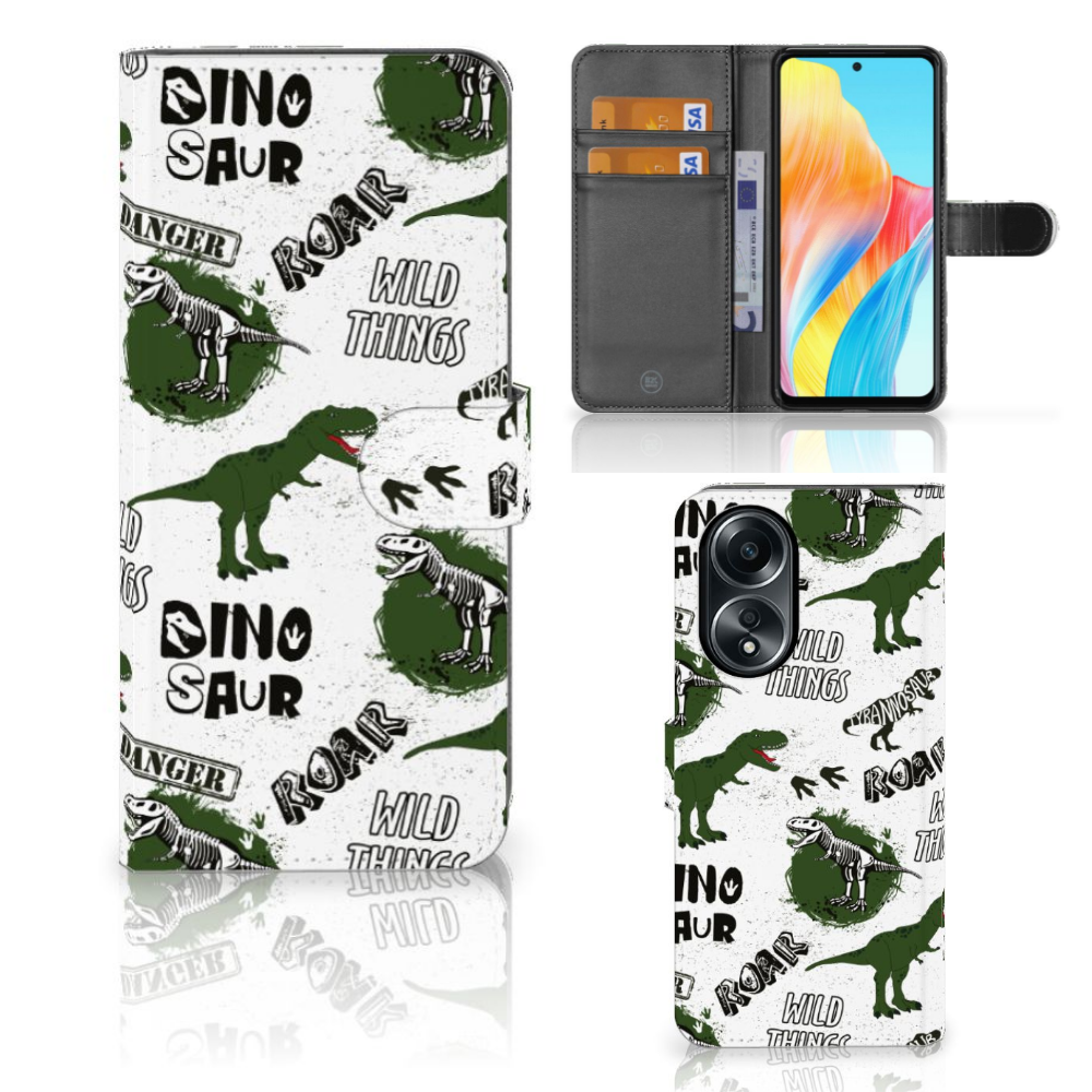 Telefoonhoesje met Pasjes voor OPPO A58 4G Dinosaurus dino ontwerp vooraanzicht