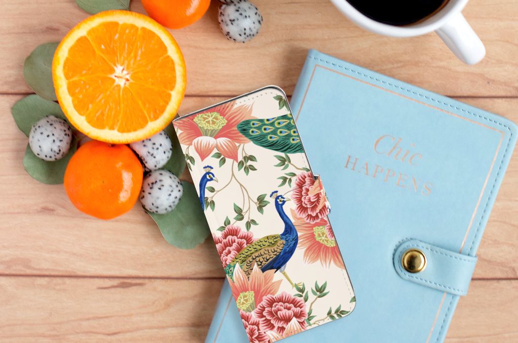 OPPO A58 4G Telefoonhoesje met Pasjes Pink Peacock bovenaanzicht