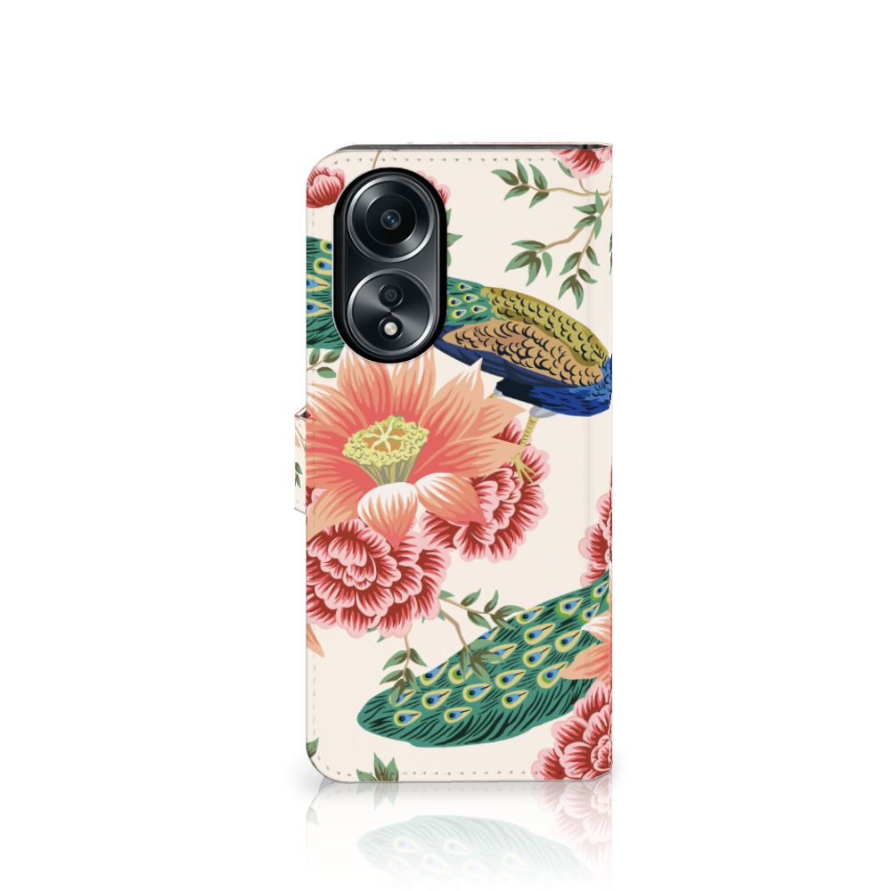 Telefoonhoesje met Pasjes voor OPPO A58 4G Pink Peacock design pauwen bloemen aanzicht