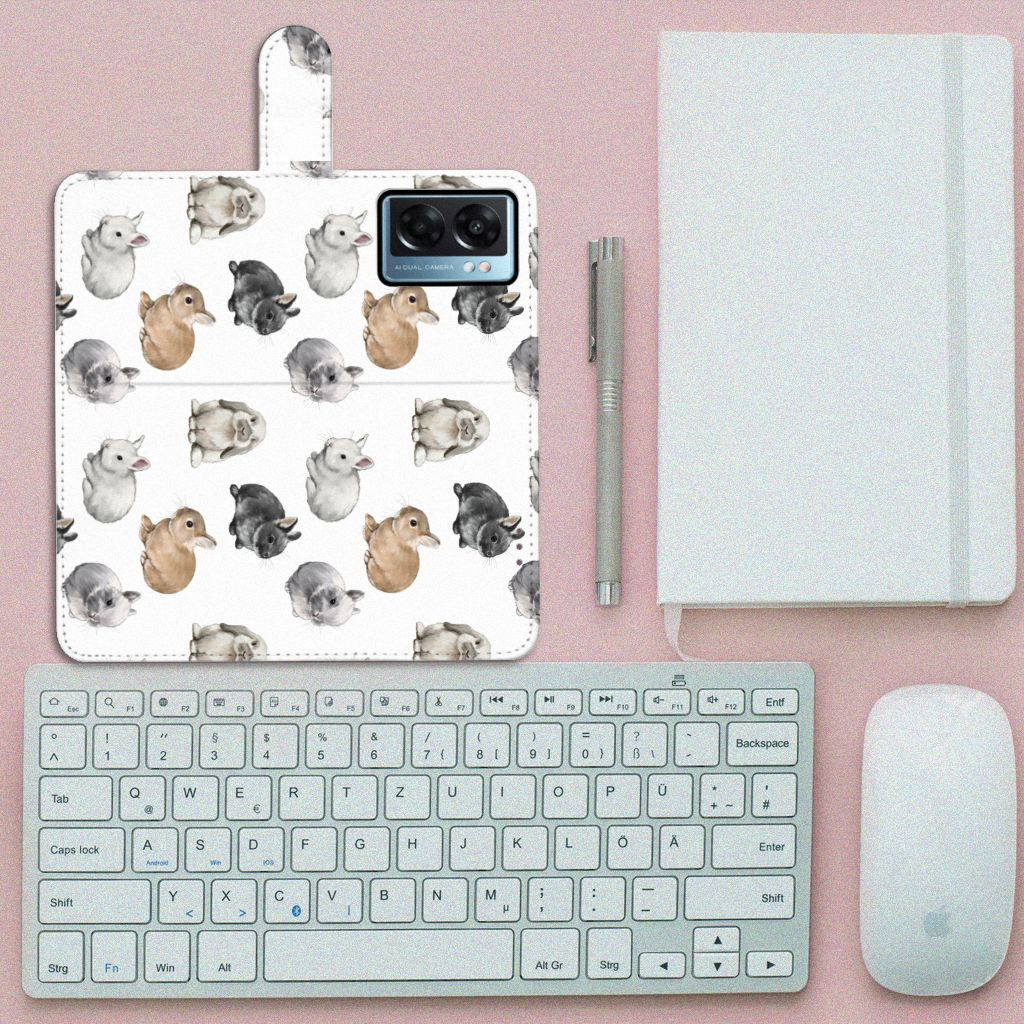 OPPO A77 5G Telefoonhoesje met Pasjes Konijntjes boven aanzicht