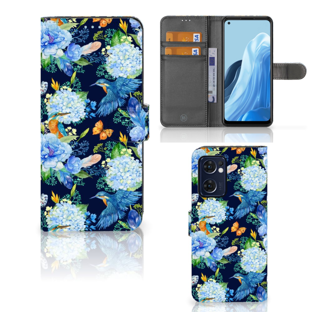 Telefoonhoesje met Pasjes voor OPPO Find X5 Lite | Reno 7 5G IJsvogel met bloemen en ruimte voor pasjes 🌺