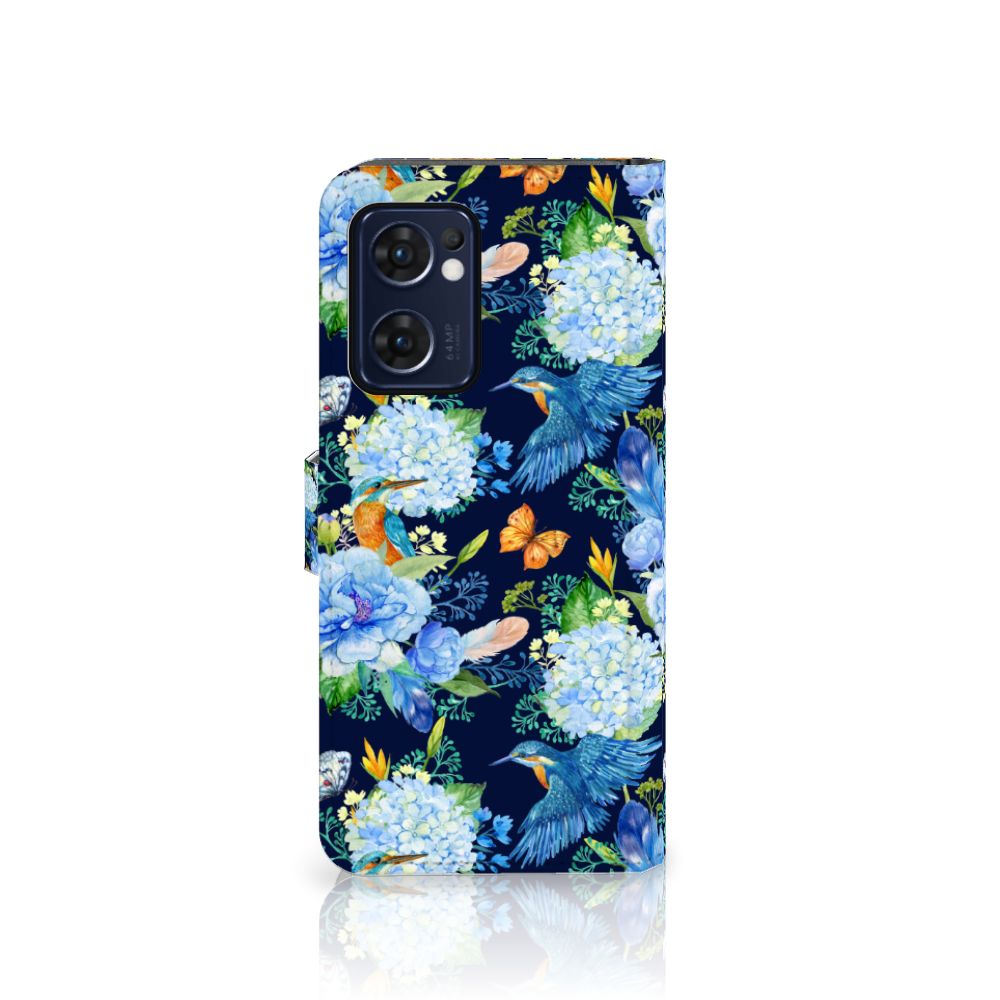Telefoonhoesje met Pasjes voor OPPO Find X5 Lite | Reno 7 5G IJsvogel, kleurrijk design met bloemen en ijsvogel 🐦.