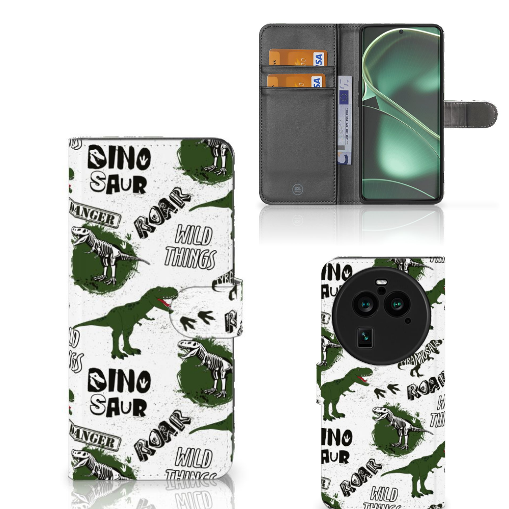 Telefoonhoesje met Pasjes voor OPPO Find X6 Pro Dinosaurus dino design voorkant achterkant binnenkant