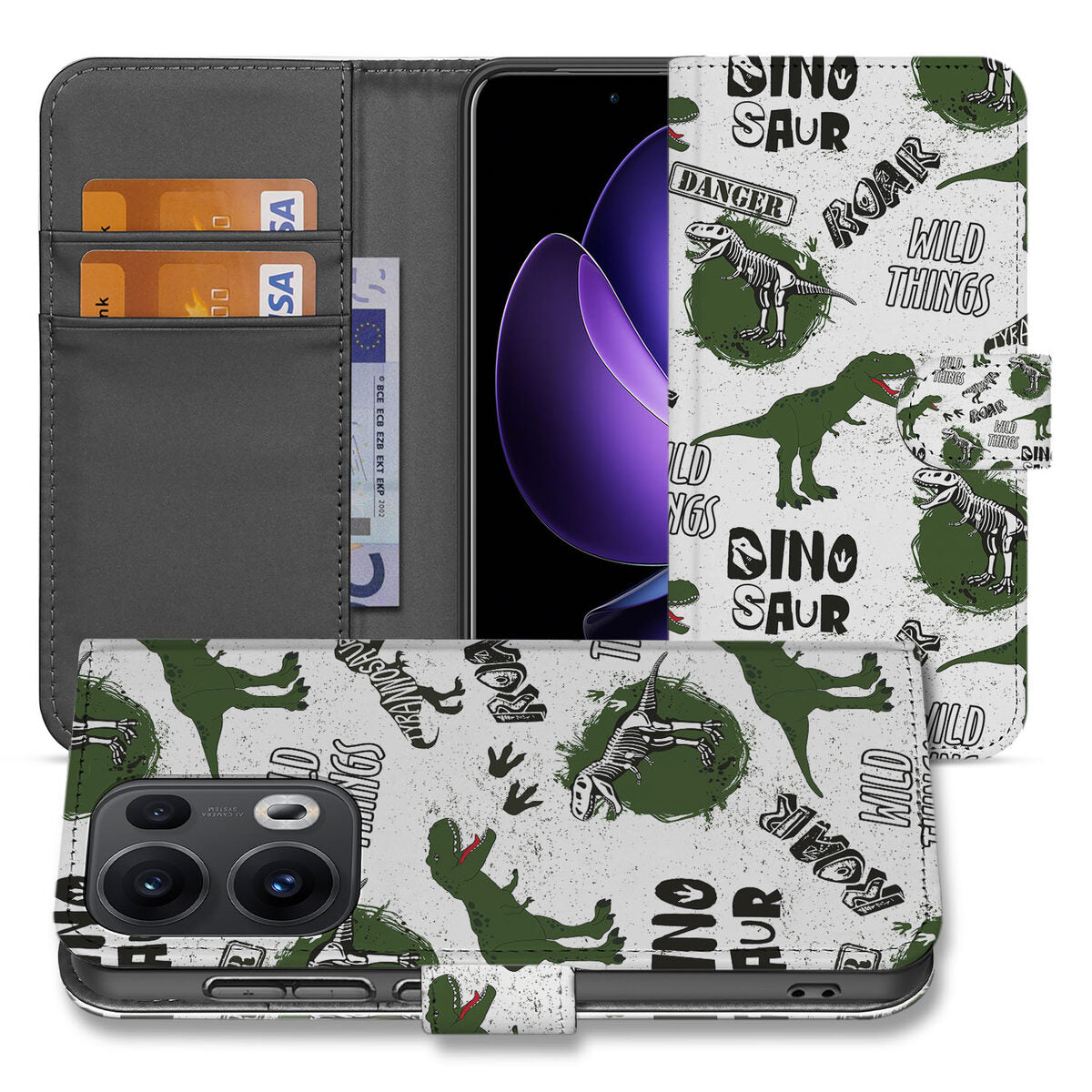 OPPO Reno 13 Pro Telefoonhoesje met Pasjes Dinosaurus vooraan en achterkant