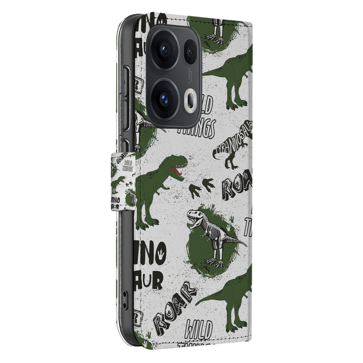 OPPO Reno 13 Pro Telefoonhoesje met Pasjes Dinosaurus zijkant