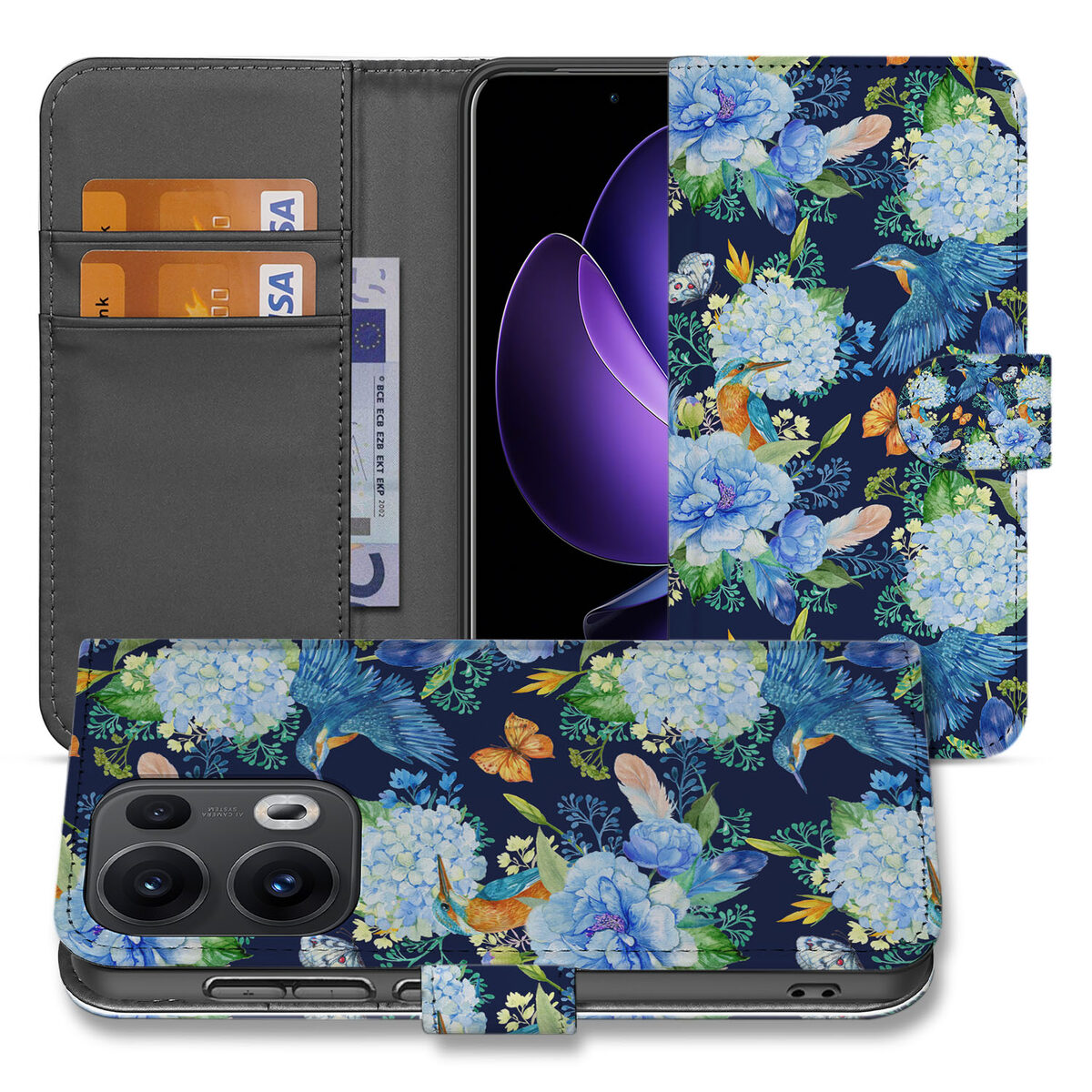 Telefoonhoesje met Pasjes voor OPPO Reno 13 Pro IJsvogel bloemen blauw design aanzicht