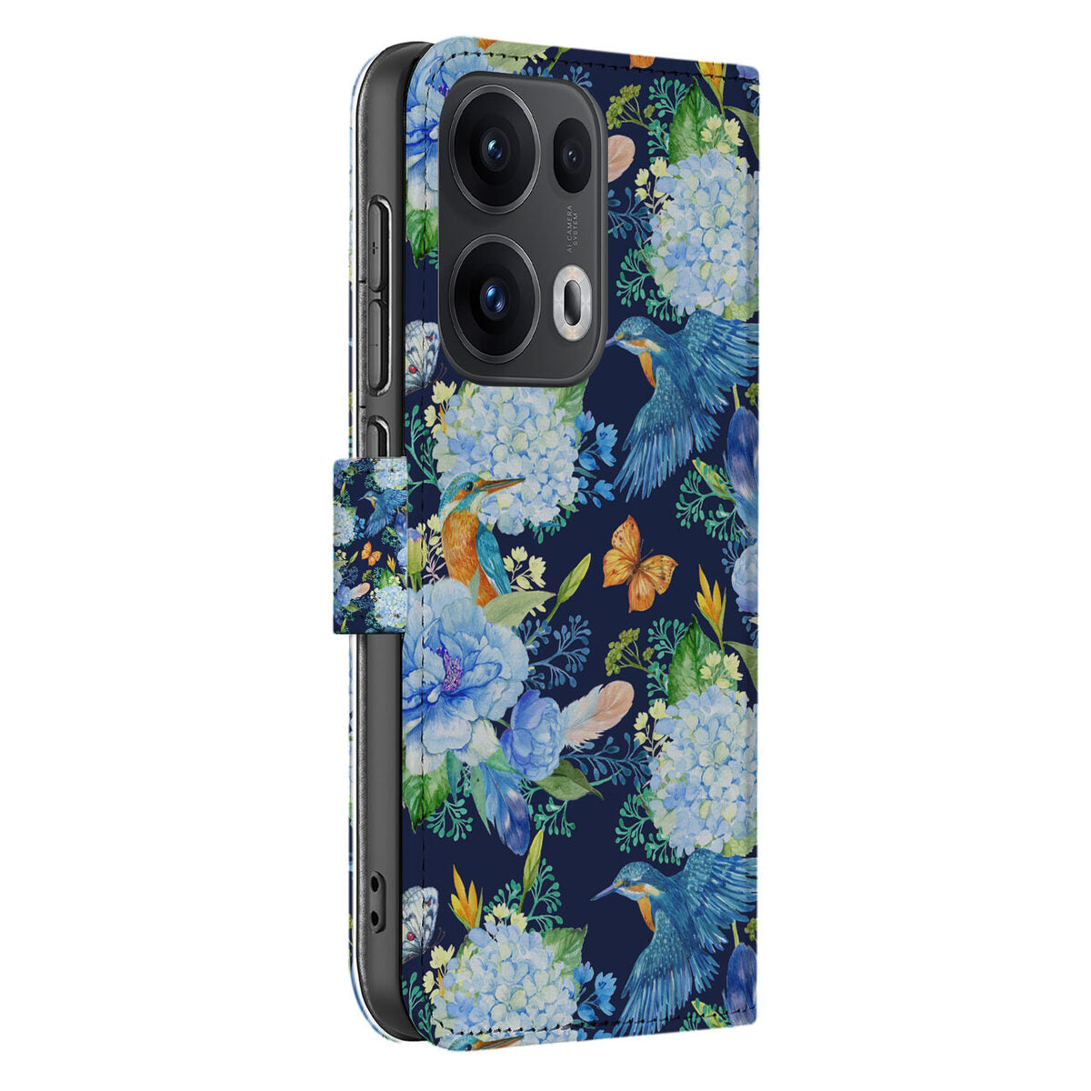 Telefoonhoesje met Pasjes voor OPPO Reno 13 Pro IJsvogel bloemen en vogels design zijkant