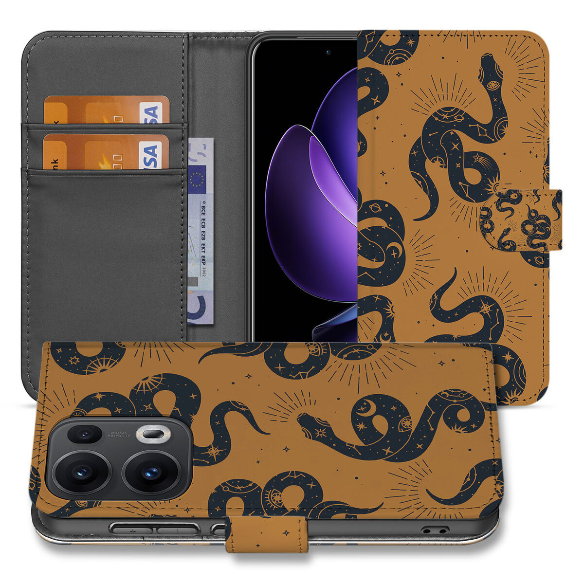 Telefoonhoesje met Pasjes voor OPPO Reno 13 Pro Snakes slangenprint goudbruin vooraanzicht