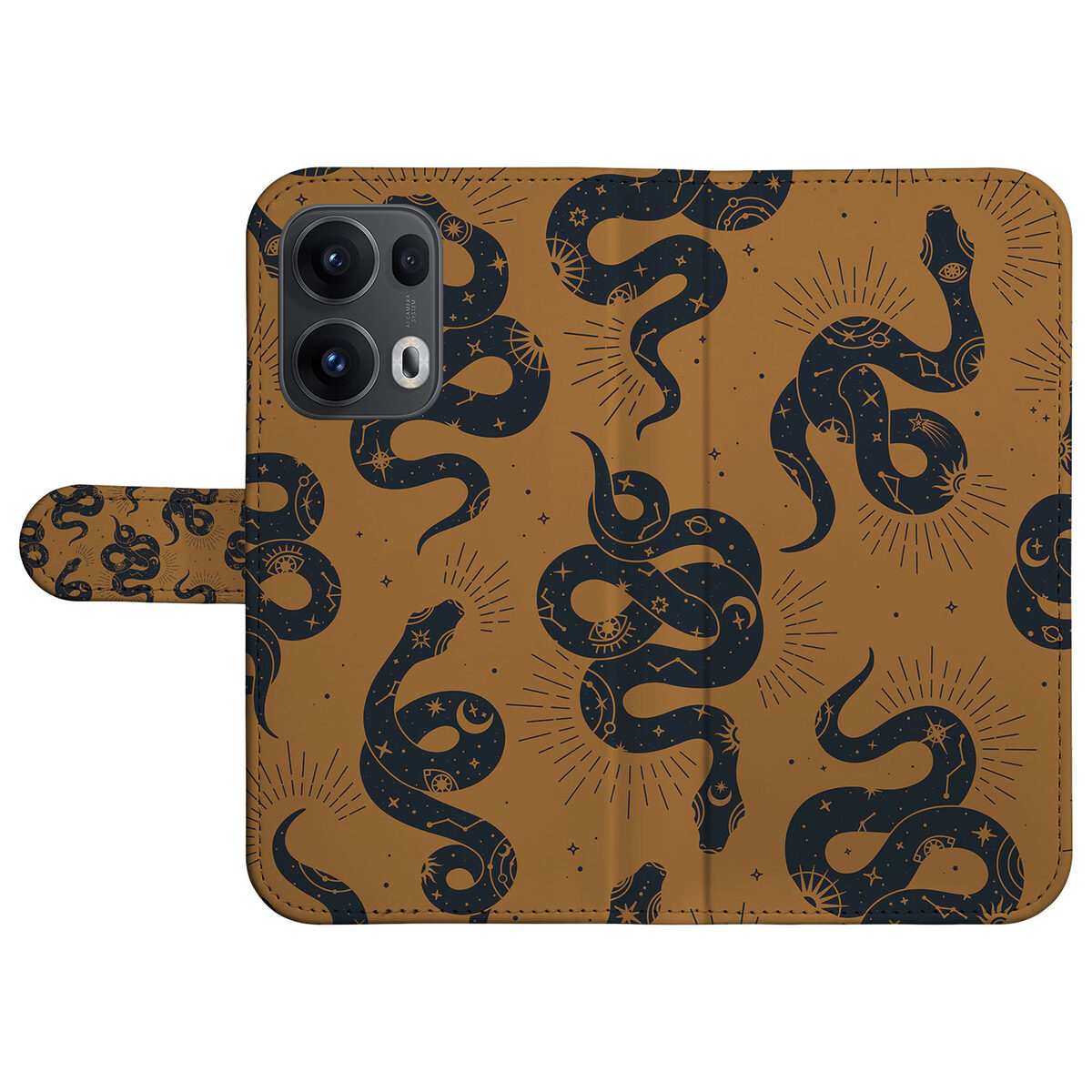 Telefoonhoesje met Pasjes voor OPPO Reno 13 Pro Snakes slangenprint bruin ontwerp vooraan
