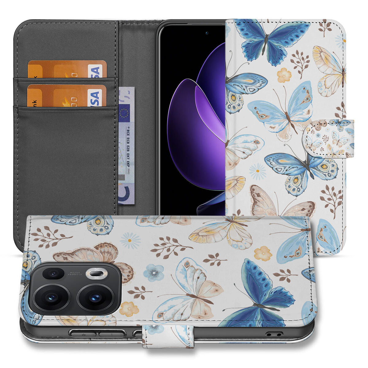 OPPO Reno 13 Pro Telefoonhoesje met Pasjes Vlinder vooraanzicht