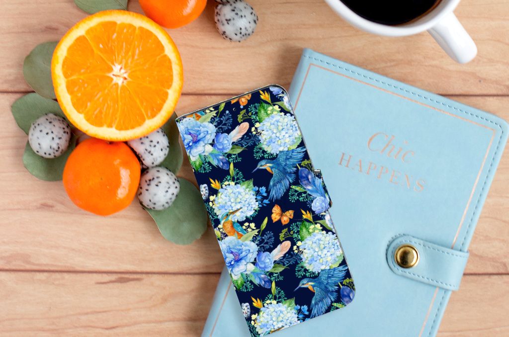 Telefoonhoesje met Pasjes voor OPPO Reno8 Pro IJsvogel bloemen ontwerp bovenaanzicht