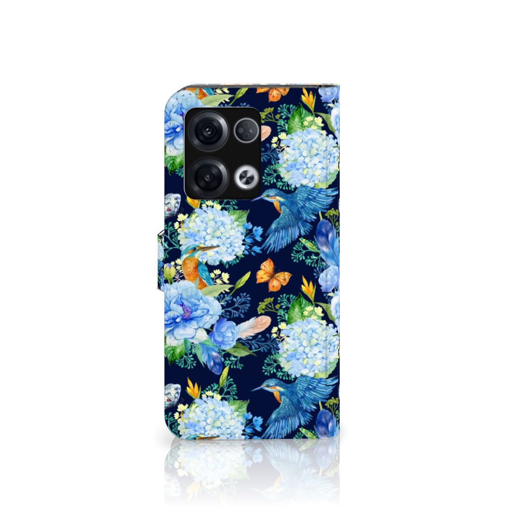 OPPO Reno8 Pro Telefoonhoesje met Pasjes IJsvogel bloemen aanzicht