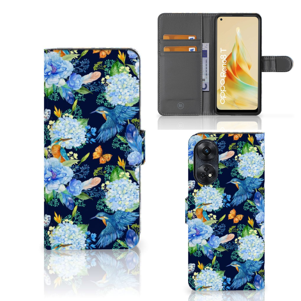 Telefoonhoesje met Pasjes voor OPPO Reno8 T 4G IJsvogel met bloemenprint, perfect cadeau voor gebruiksgemak en bescherming.