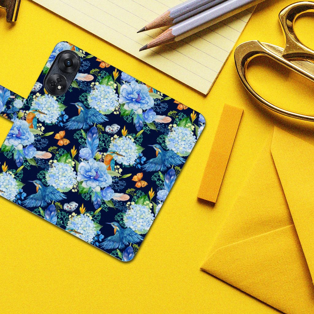 Telefoonhoesje met Pasjes voor OPPO Reno8 T 4G IJsvogel met bloemen ontwerp en een gebruiksvriendelijke uitstraling.