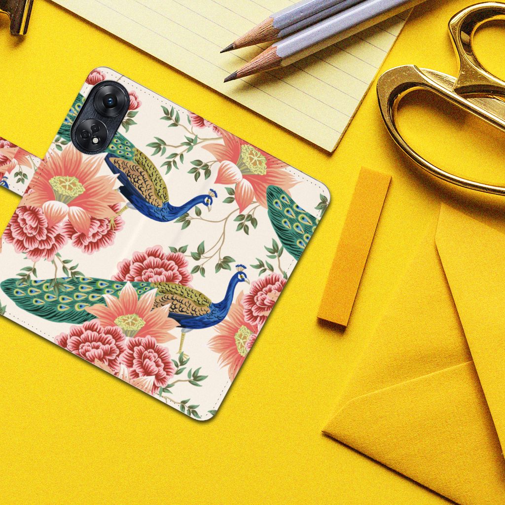 Telefoonhoesje met Pasjes voor OPPO Reno8 T 4G Pink Peacock met pauwen en bloemen rotst voor een kleurrijke uitstraling.