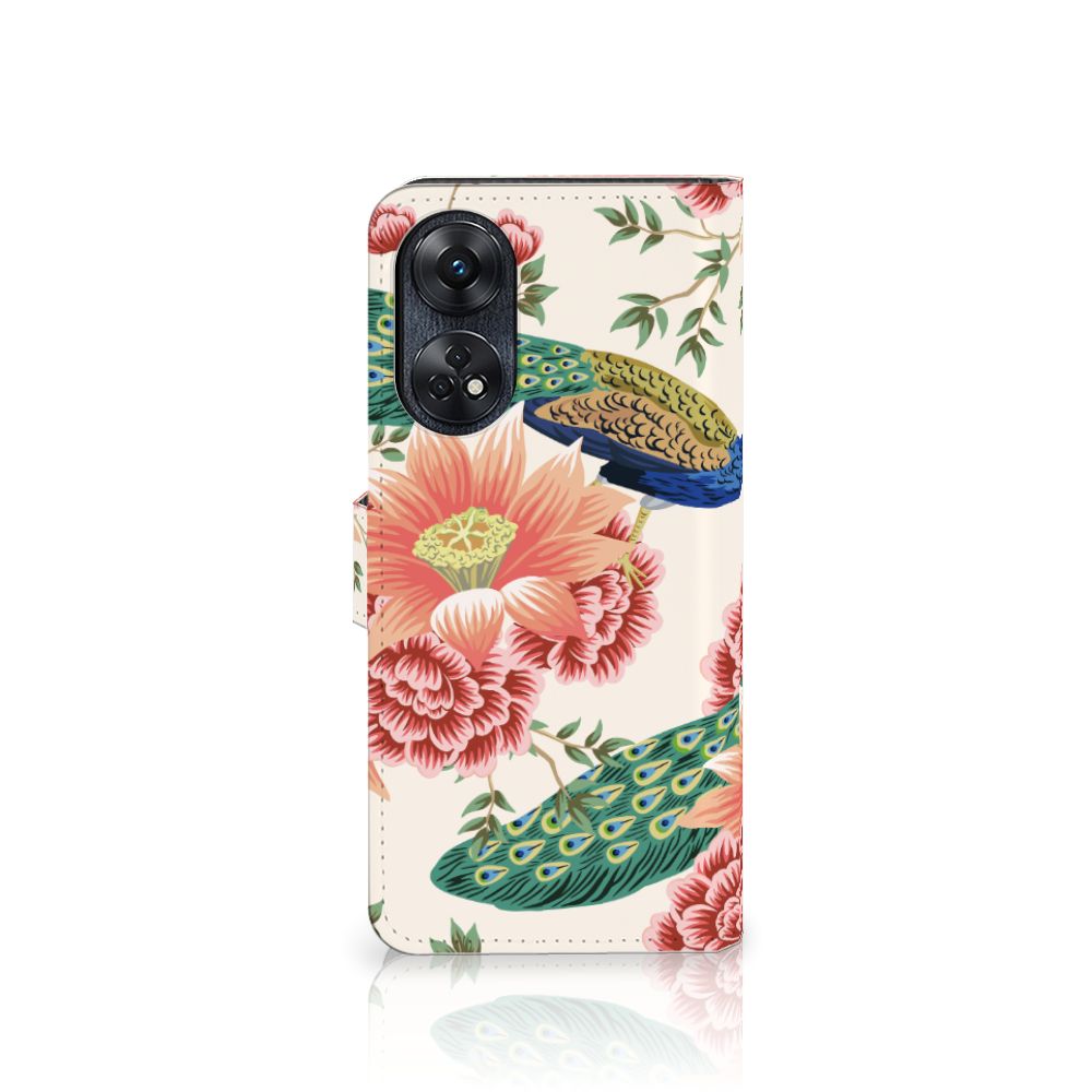 Telefoonhoesje met Pasjes voor OPPO Reno8 T 4G Pink Peacock met bloemen en pauwen, perfect cadeau 🎁.