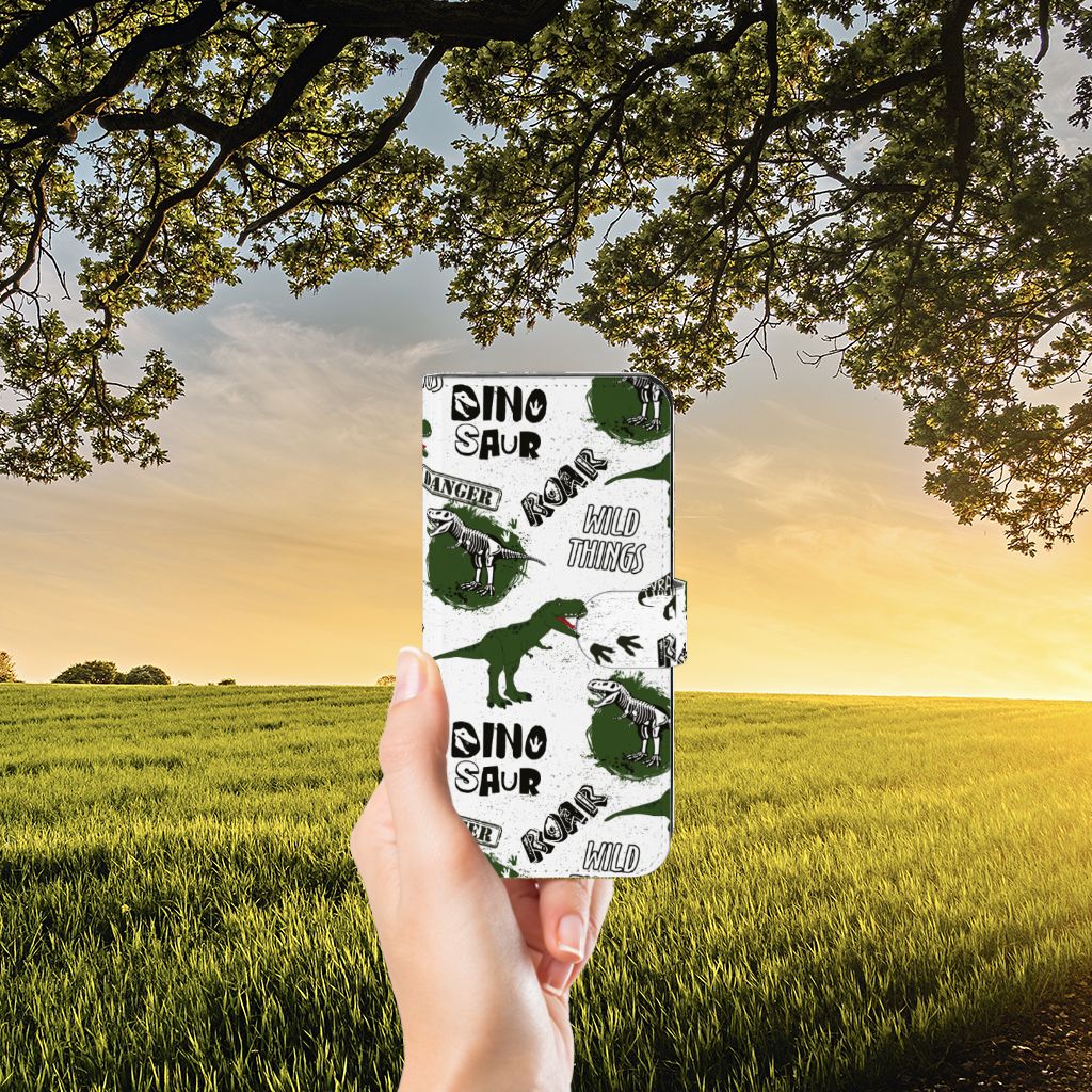Telefoonhoesje met Pasjes voor OPPO Reno8 T 5G Dinosaurus dino design hand voor landschap