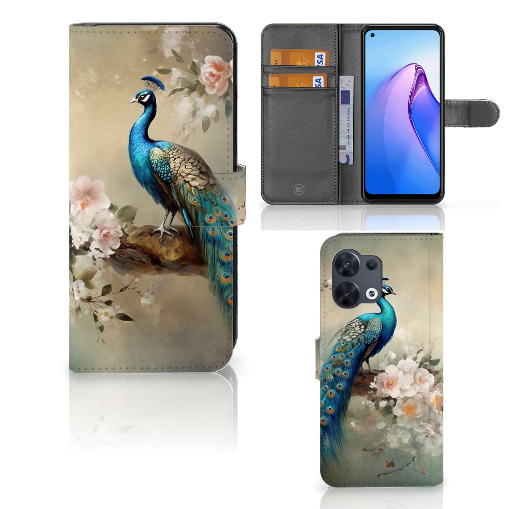 Telefoonhoesje met Pasjes voor OPPO Reno8 Vintage Pauwen voorkant binnenkant achterkant