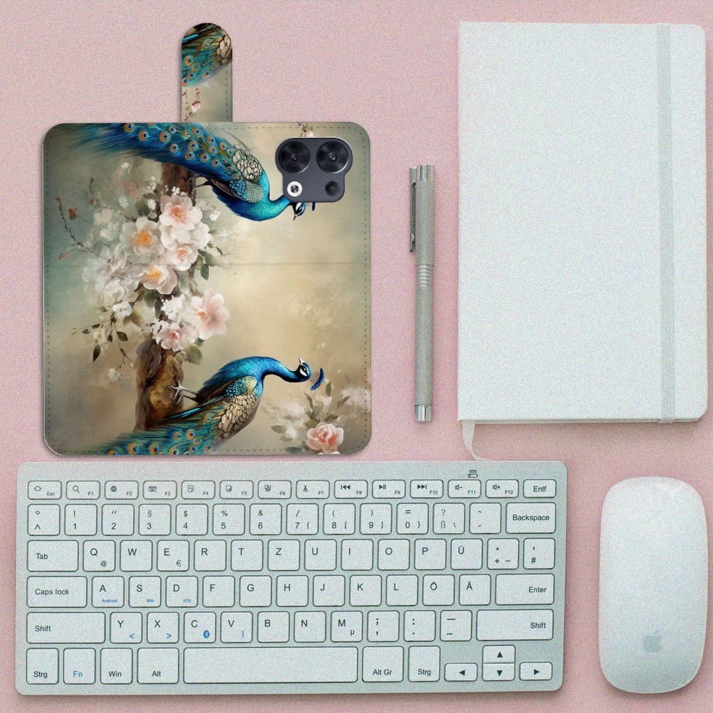 OPPO Reno8 Telefoonhoesje met Pasjes Vintage Pauwen bovenaanzicht