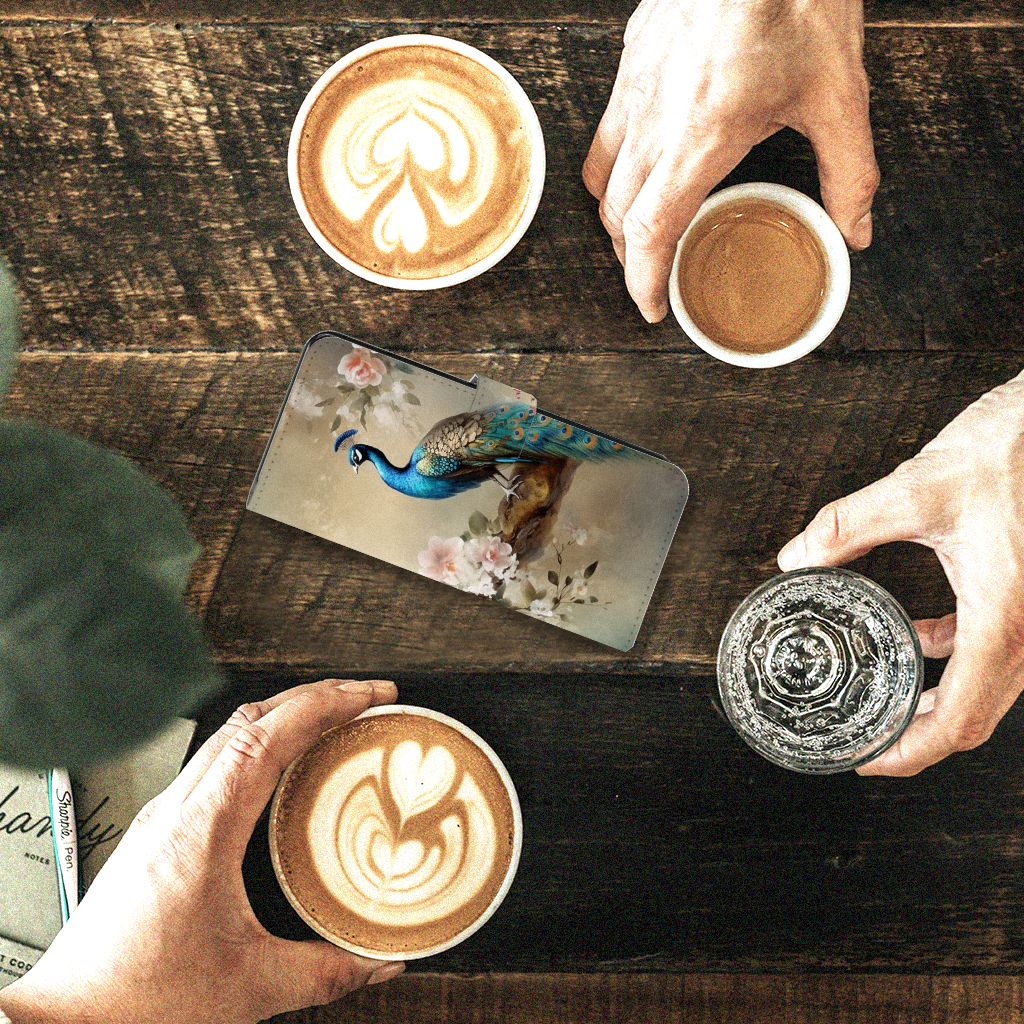 OPPO Reno8 Telefoonhoesje met Pasjes Vintage Pauwen bovenaanzicht koffie