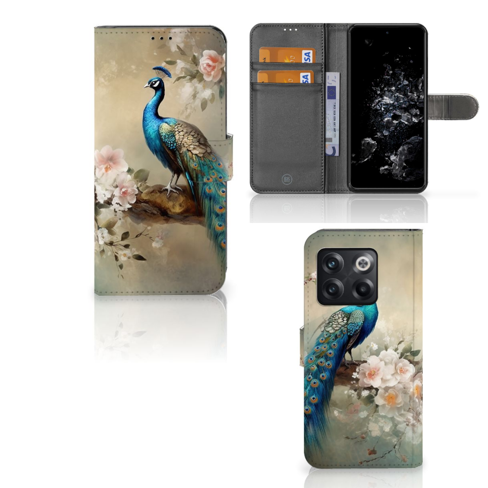 OnePlus 10T Telefoonhoesje met Pasjes Vintage Pauwen voor en achteraanzicht