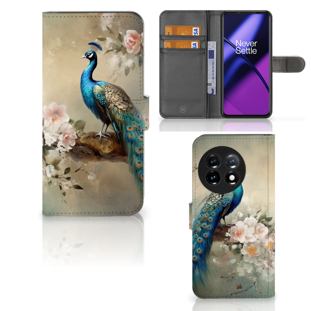 OnePlus 11 Telefoonhoesje met Pasjes Vintage Pauwen vooraanzicht en binnenkant