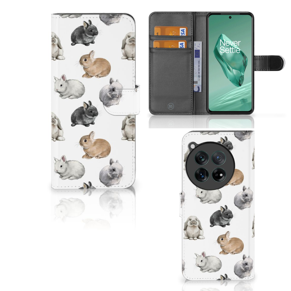 OnePlus 12 Telefoonhoesje met Pasjes Konijntjes vooraanzicht en binnenzijde