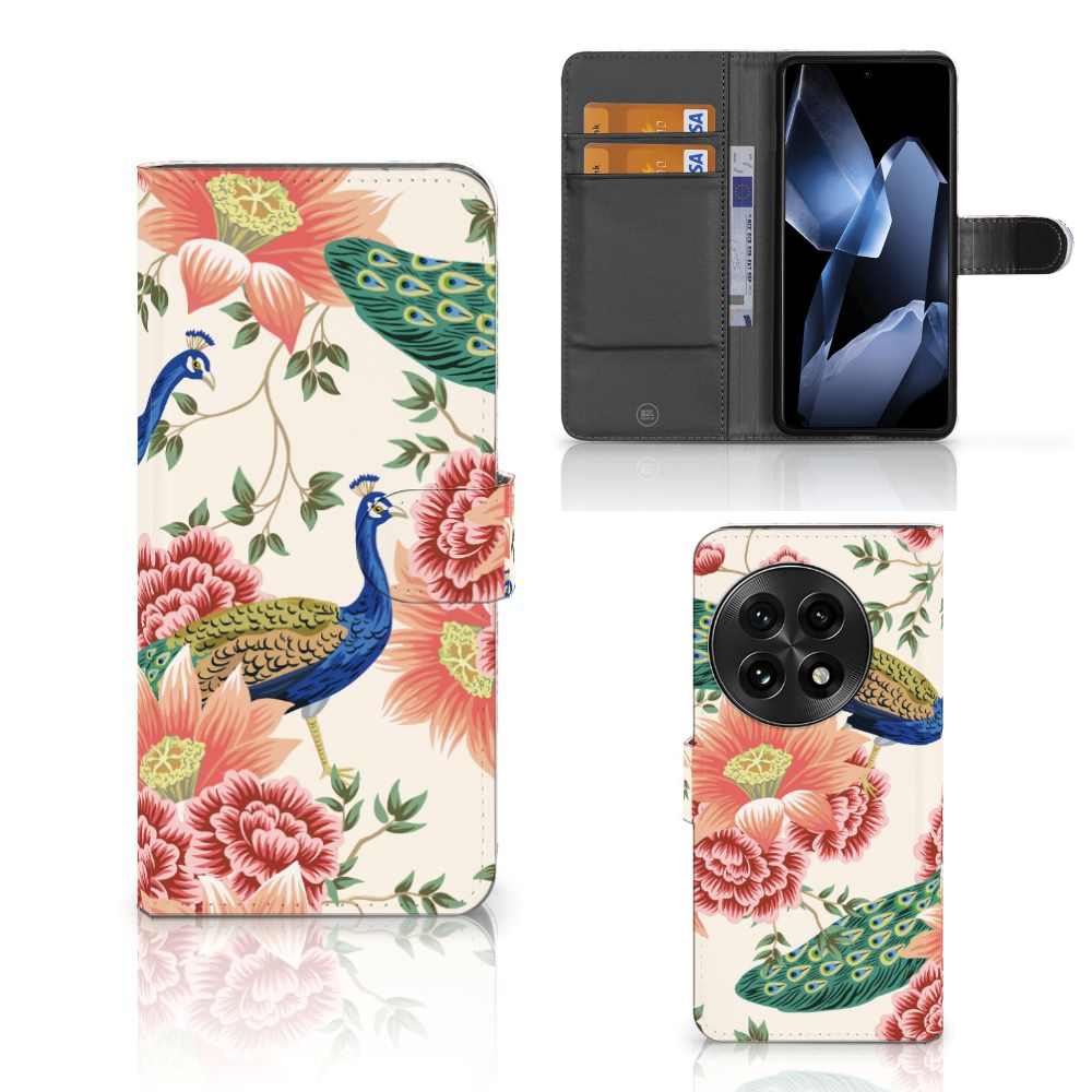 OnePlus 13 Telefoonhoesje met Pasjes Pink Peacock voorkant binnenkant achterkant