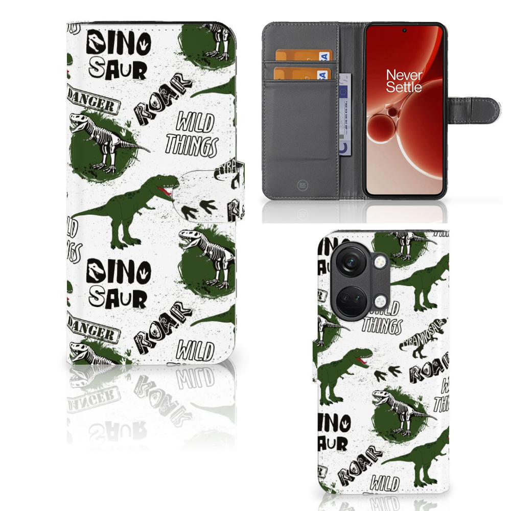 OnePlus Nord 3 Telefoonhoesje met Pasjes Dinosaurus voorkant zijkant