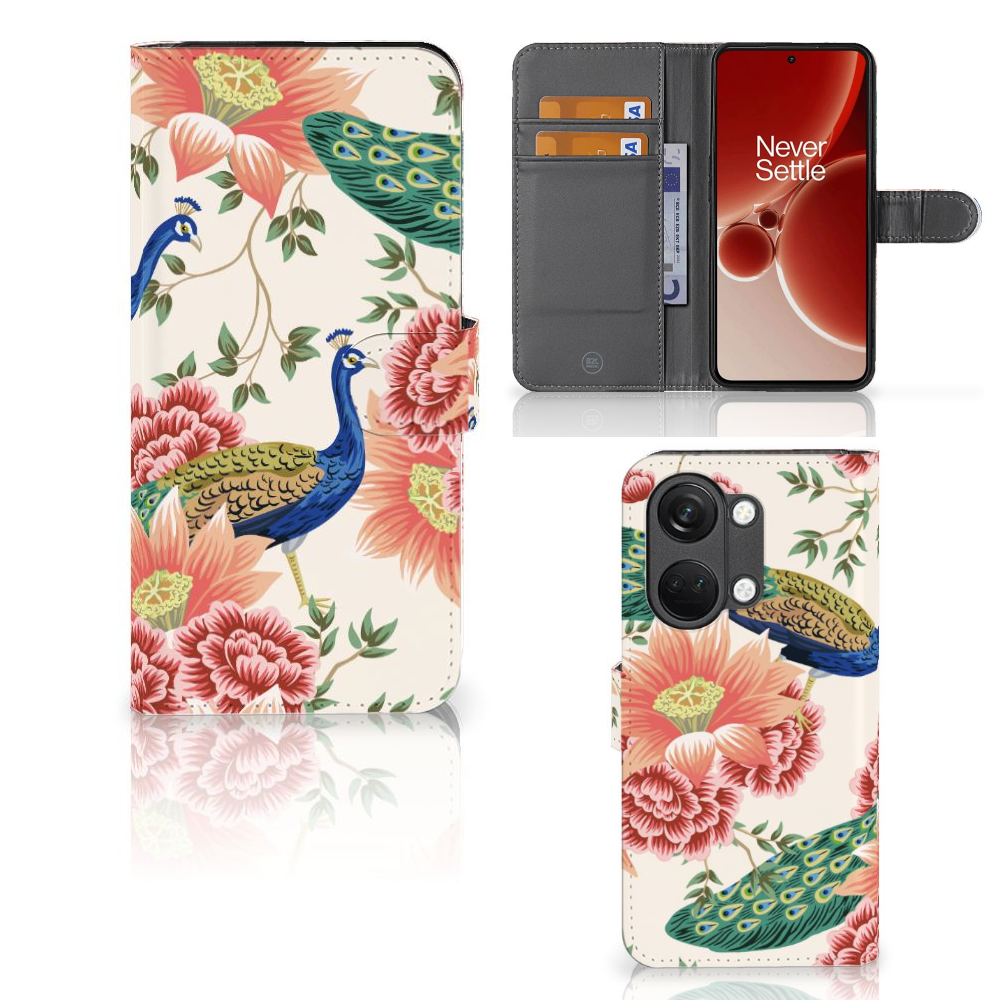 OnePlus Nord 3 Telefoonhoesje met Pasjes Pink Peacock voorkant zijkant