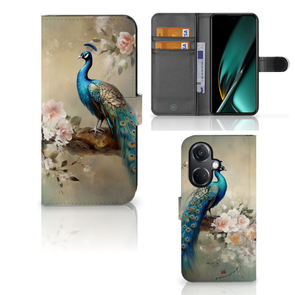 OnePlus Nord CE 3 Telefoonhoesje met Pasjes Vintage Pauwen voorkant achterkant