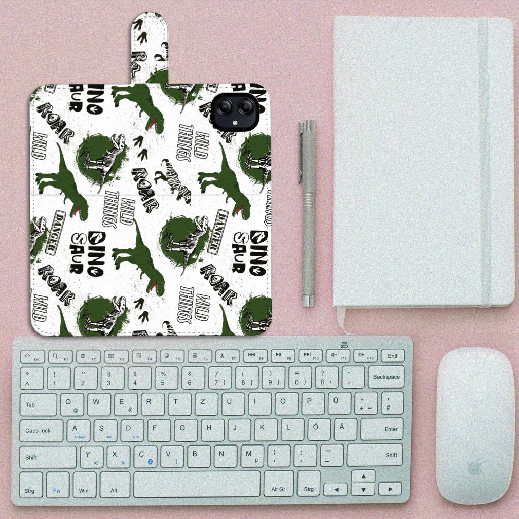 Samsung Galaxy A04e Telefoonhoesje met Pasjes Dinosaurus bovenaanzicht