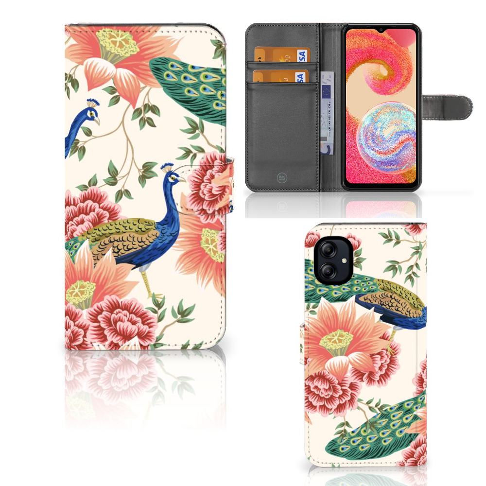 Samsung Galaxy A04e Telefoonhoesje met Pasjes Pink Peacock voorkant binnenkant achterkant