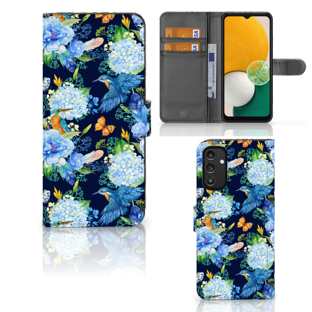 Telefoonhoesje met Pasjes voor Samsung Galaxy A14 4G IJsvogel met bloemenprint en pasjeshouder.