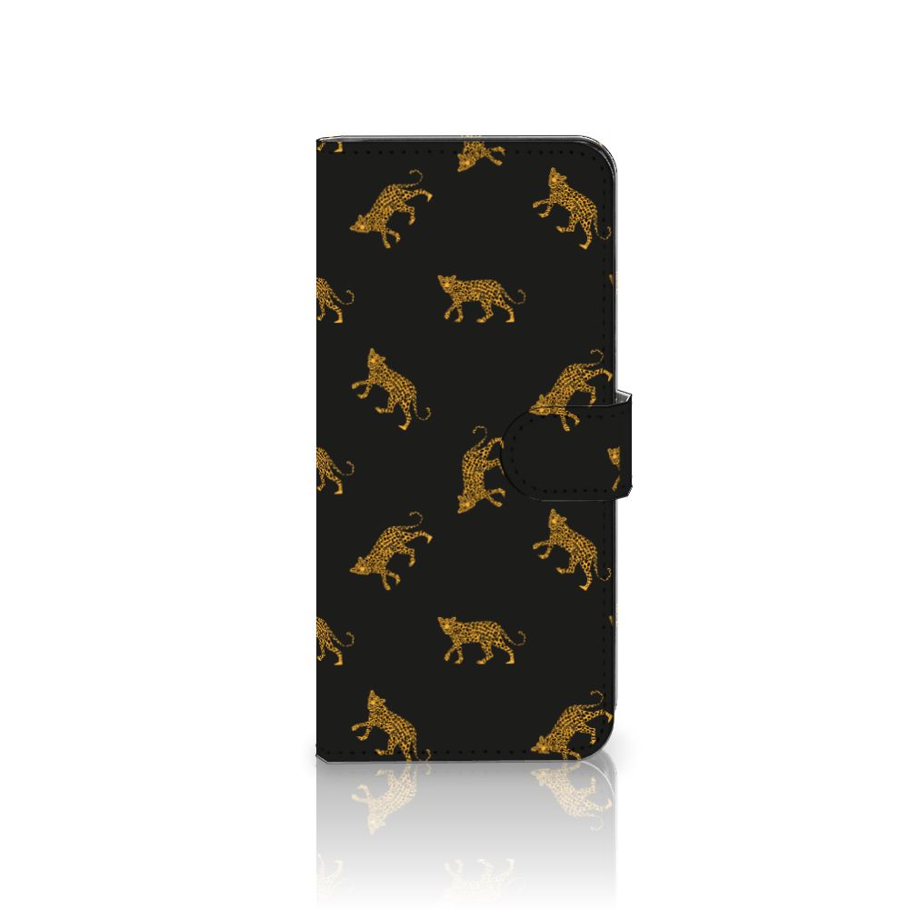 Telefoonhoesje met Pasjes voor Samsung Galaxy A14 4G Leopards met luipaardprint op zwarte achtergrond