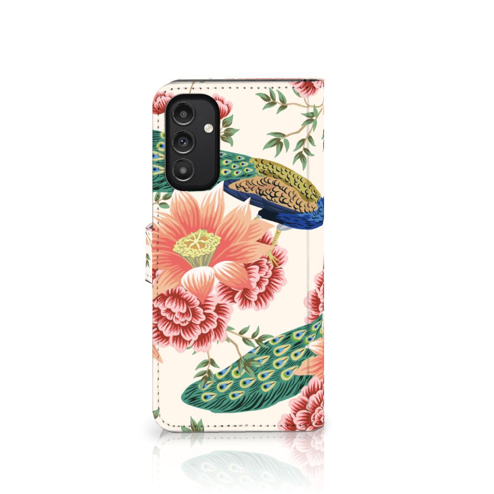 Telefoonhoesje met Pasjes voor Samsung Galaxy A14 4G Pink Peacock met bloemen en pauwen design