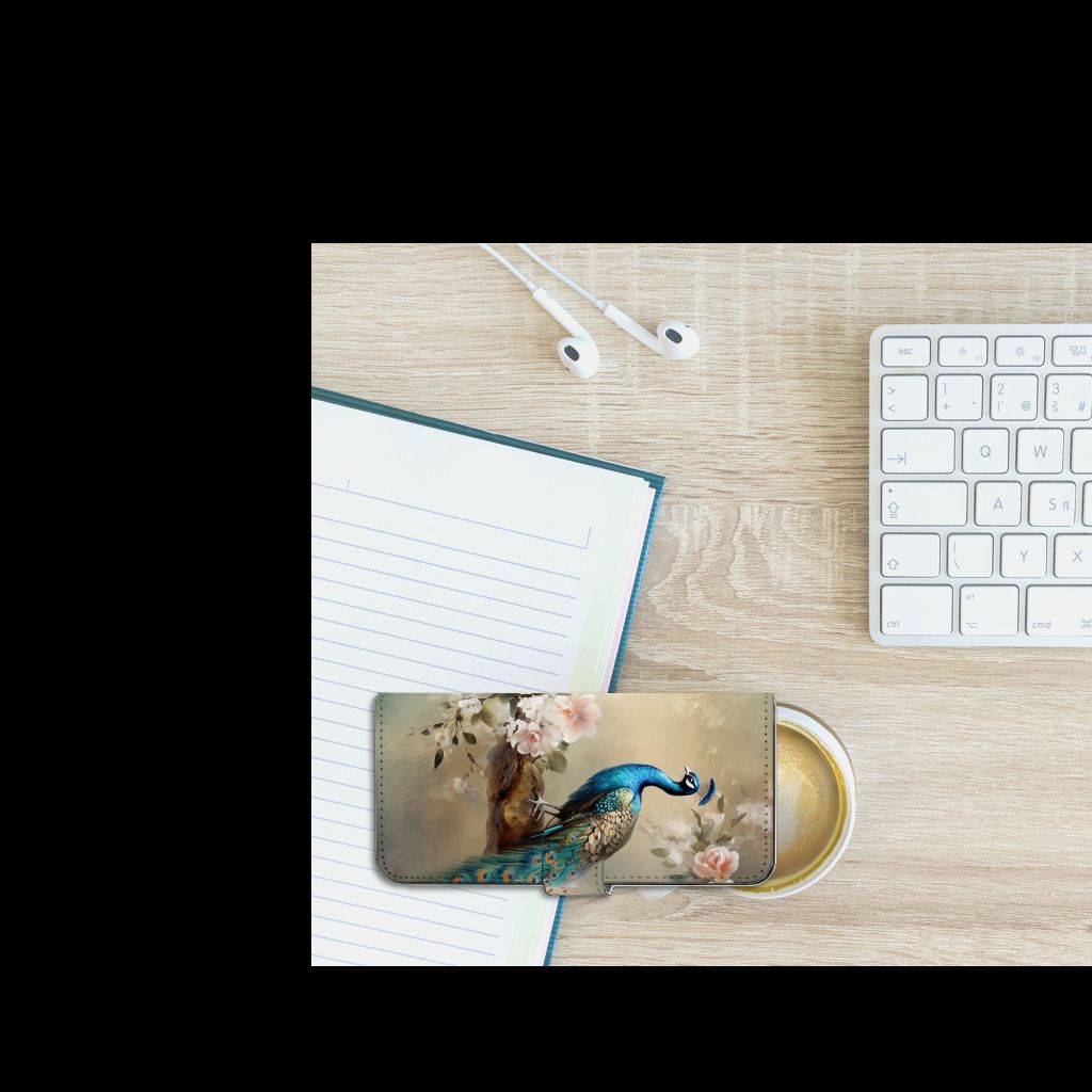 Telefoonhoesje met Pasjes voor Samsung Galaxy A14 4G Vintage Pauwen op een bureau met toetsenbord en notitieboek.