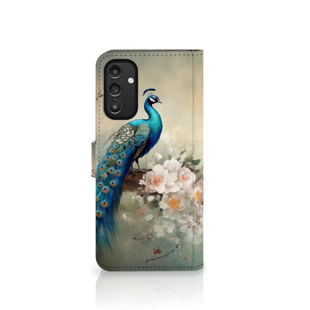 Telefoonhoesje met Pasjes voor Samsung Galaxy A14 4G Vintage Pauwen met een lelijke pauw en bloemen.