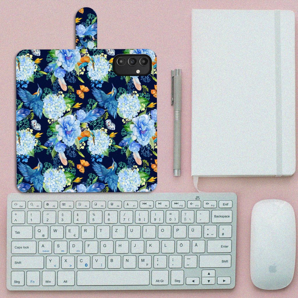 Samsung Galaxy A14 5G Telefoonhoesje met Pasjes IJsvogel bloemen design bovenaanzicht