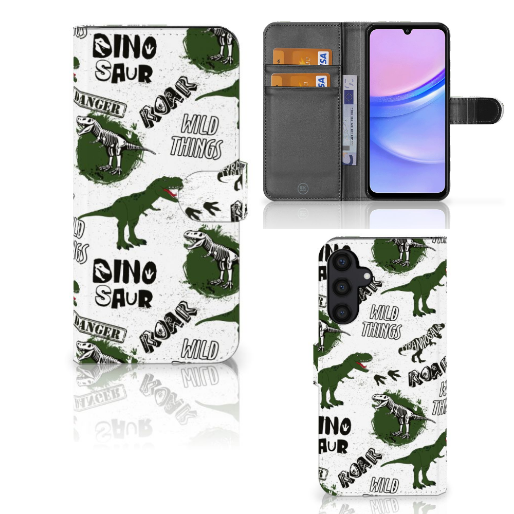 Samsung Galaxy A15 Telefoonhoesje met Pasjes Dinosaurus design voorkant en binnenkant