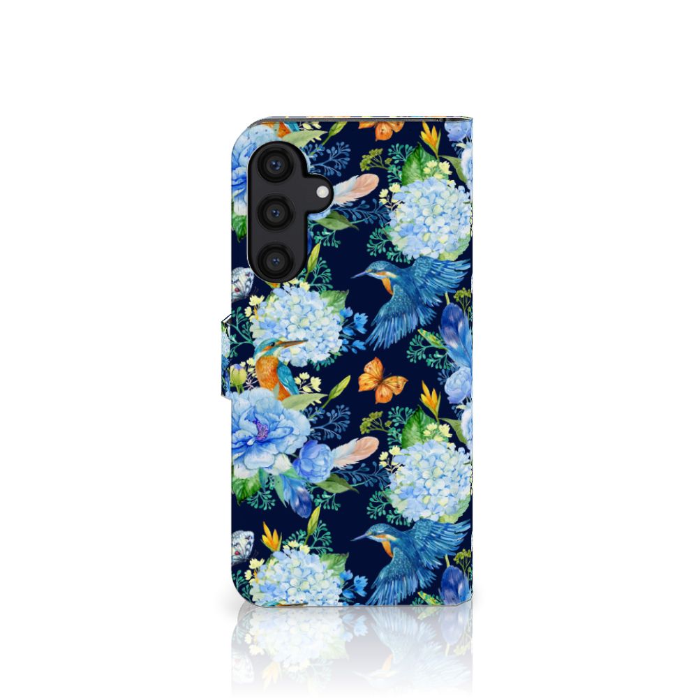 Samsung Galaxy A15 Telefoonhoesje met Pasjes IJsvogel bloemen aanzicht