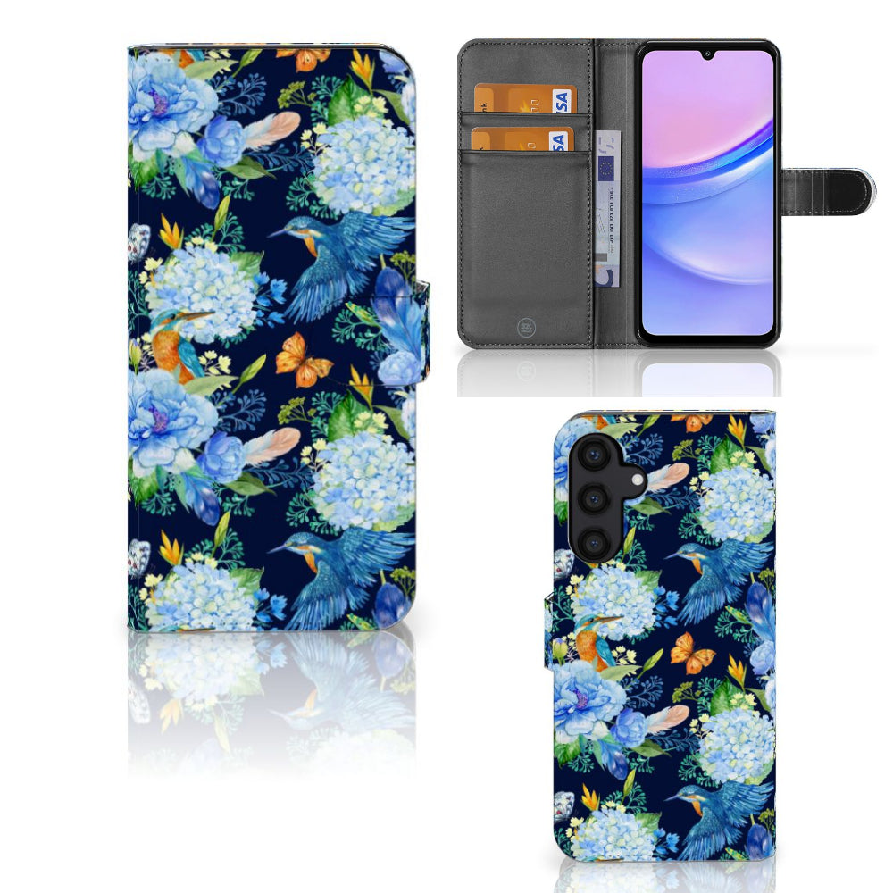 Telefoonhoesje met Pasjes voor Samsung Galaxy A15 IJsvogel met bloemdecor en ruimte voor drie pasjes.