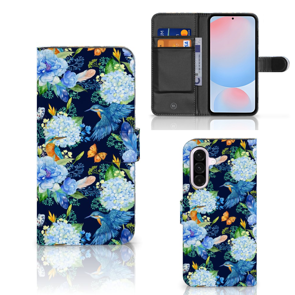 Samsung Galaxy A56 Telefoonhoesje met Pasjes IJsvogel bloemen ontwerp aanzicht