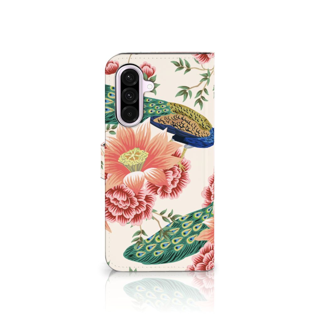 Samsung Galaxy A56 Telefoonhoesje met Pasjes Pink Peacock bloemen aanzicht