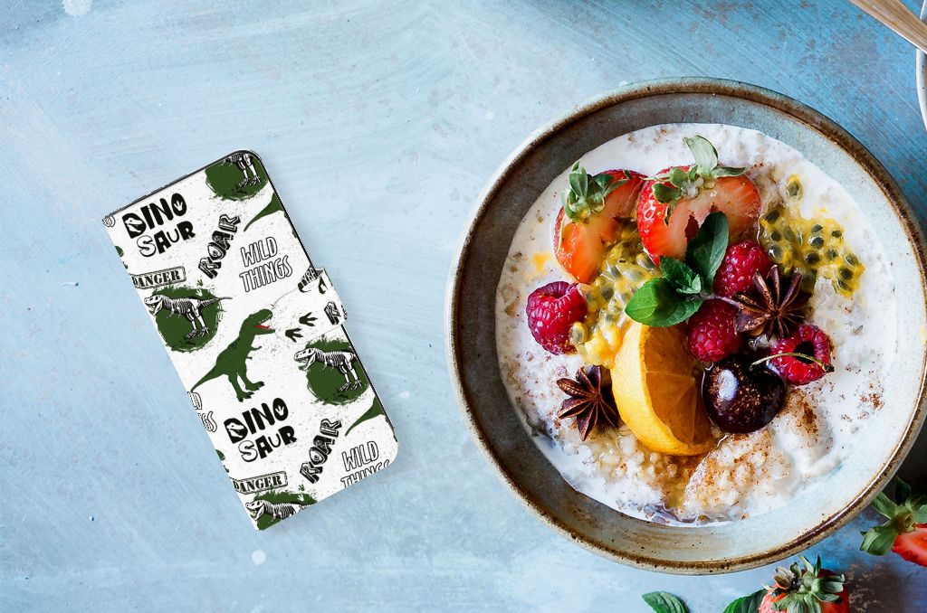 Samsung Galaxy M54 Telefoonhoesje met Pasjes Dinosaurus design bovenaanzicht