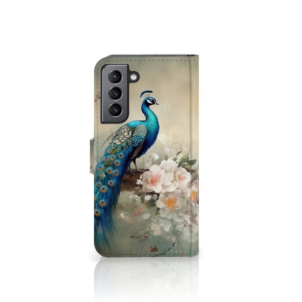 Samsung Galaxy S21 FE Telefoonhoesje met Pasjes Vintage Pauwen vooraanzicht