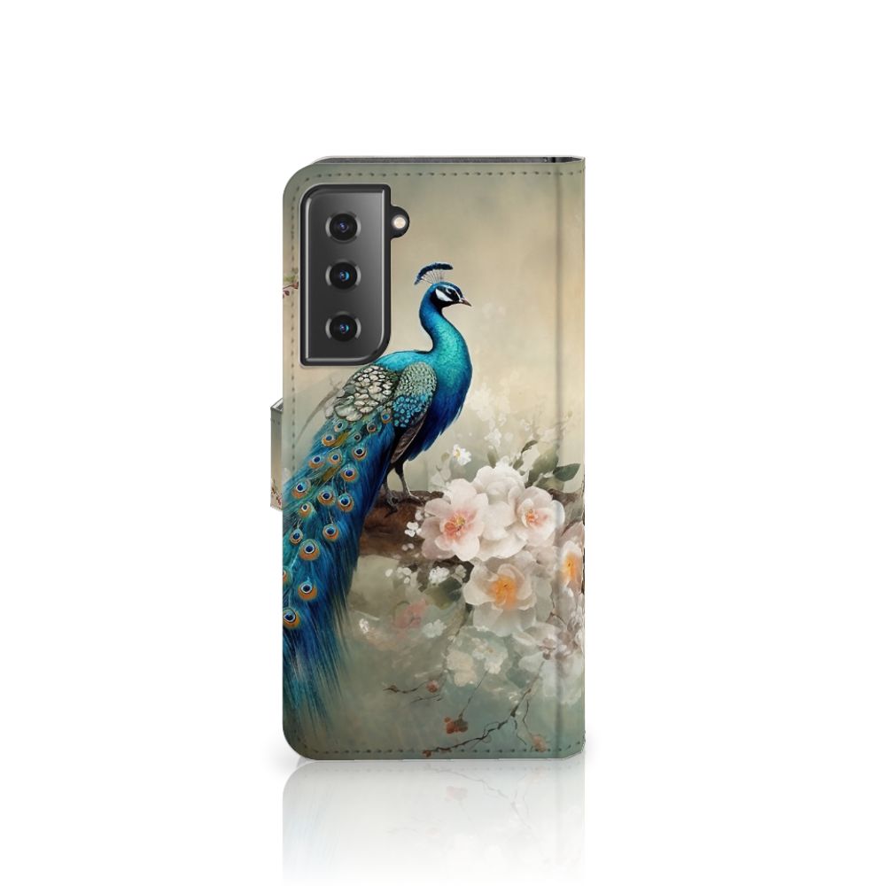 Samsung Galaxy S21 Telefoonhoesje met Pasjes Vintage Pauwen voorkant