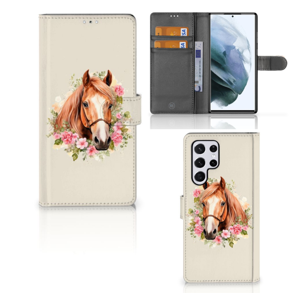 Samsung Galaxy S22 Ultra Telefoonhoesje met Pasjes Paard voorkant zijkant binnenkant