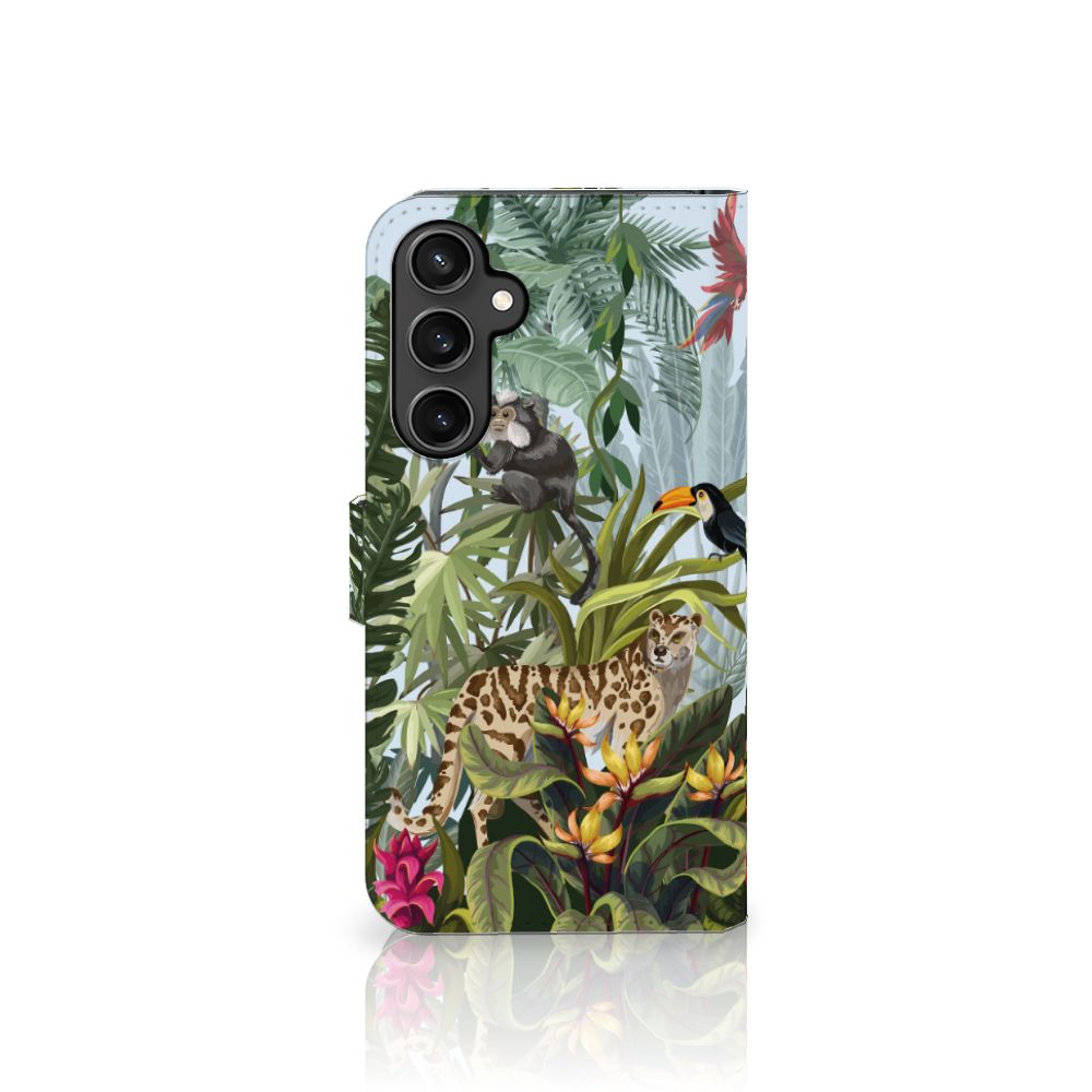 Telefoonhoesje met Pasjes voor Samsung Galaxy S23 FE Jungle met dierenprint en tropische bladeren 🌿.