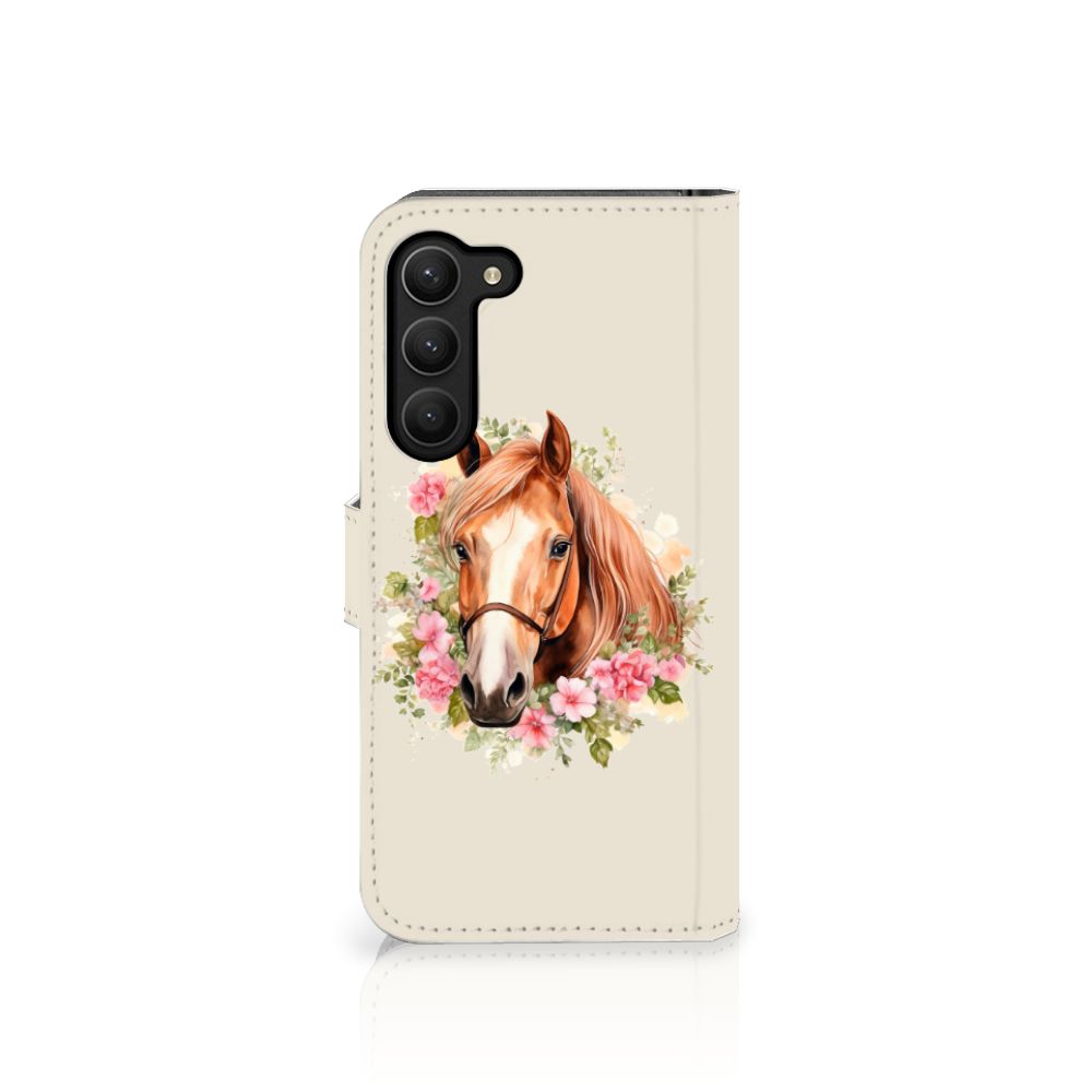 Samsung Galaxy S23 Plus Telefoonhoesje met Pasjes Paard bloemen aanzicht
